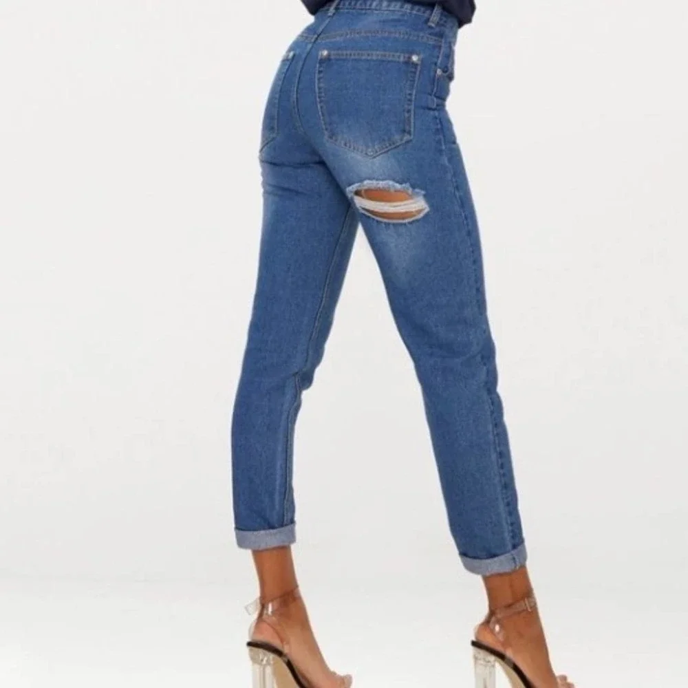 Pretty Little Thing Cheeky Jeans Size 12 Ripped DARK BLUE Bum Mid Wash Skinny - Picture 2 of 6